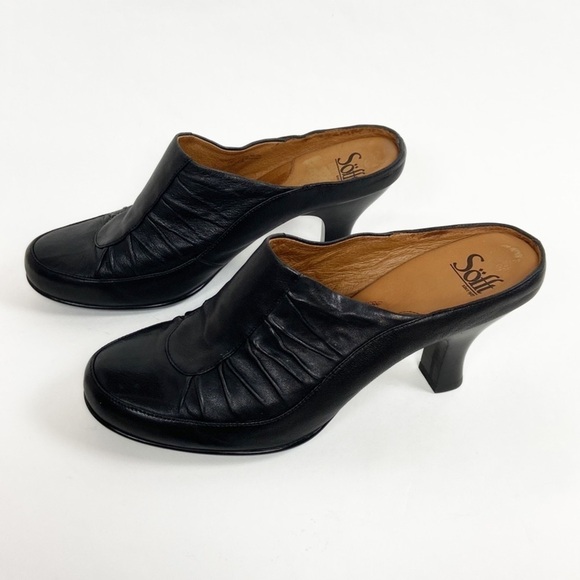 Sofft Leather Ruched Black Slip On Mules Closed Toe Heels Open Back Pumps - Picture 15 of 16